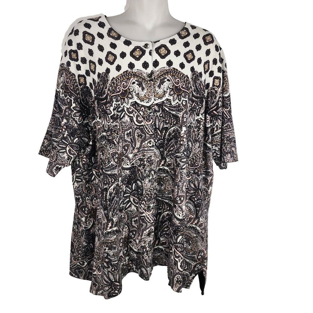 Isaac Mizrahi Live! Engineered Paisley Print Cardigan Button Neutral 2X A308019